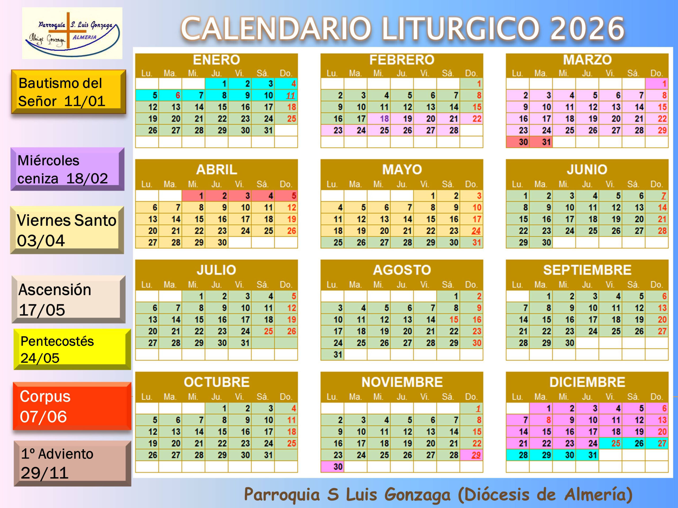 Calendario Liturgico Para El Año 2026 | Calendario Litúrgico 2026