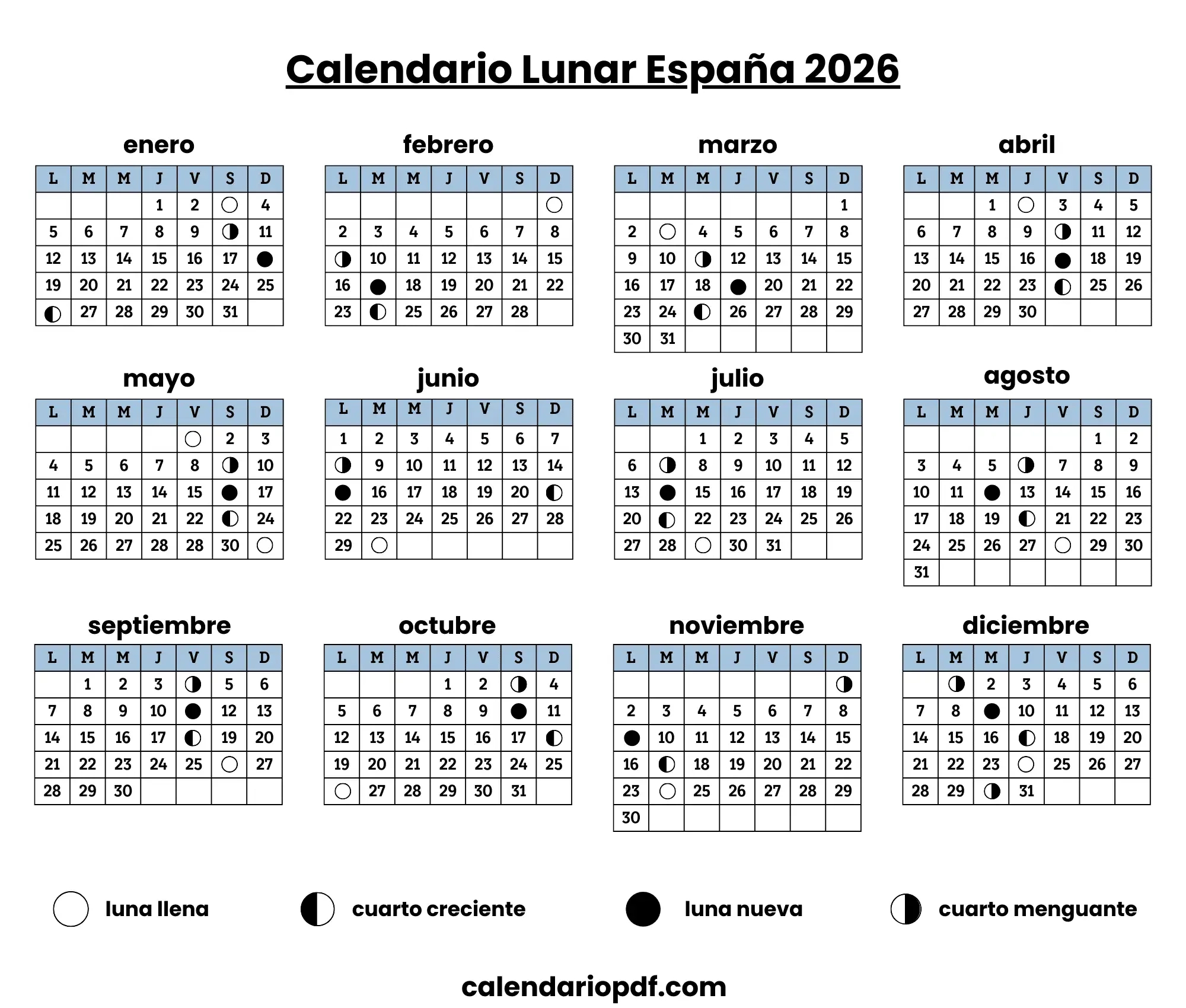 Calendario Lunar 2026 Imprimible Con Fases Lunares | Calendario Lunar 2026 España