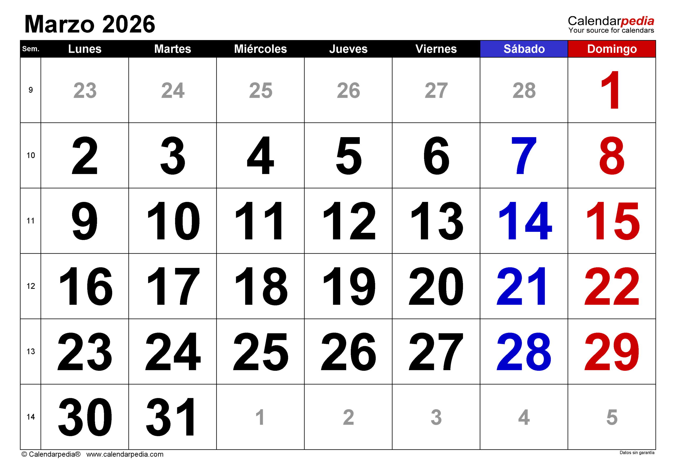 Calendario Marzo 2026 En Pdf, Excel Y Word | Calendarpedia | Calendario de Marzo 2026
