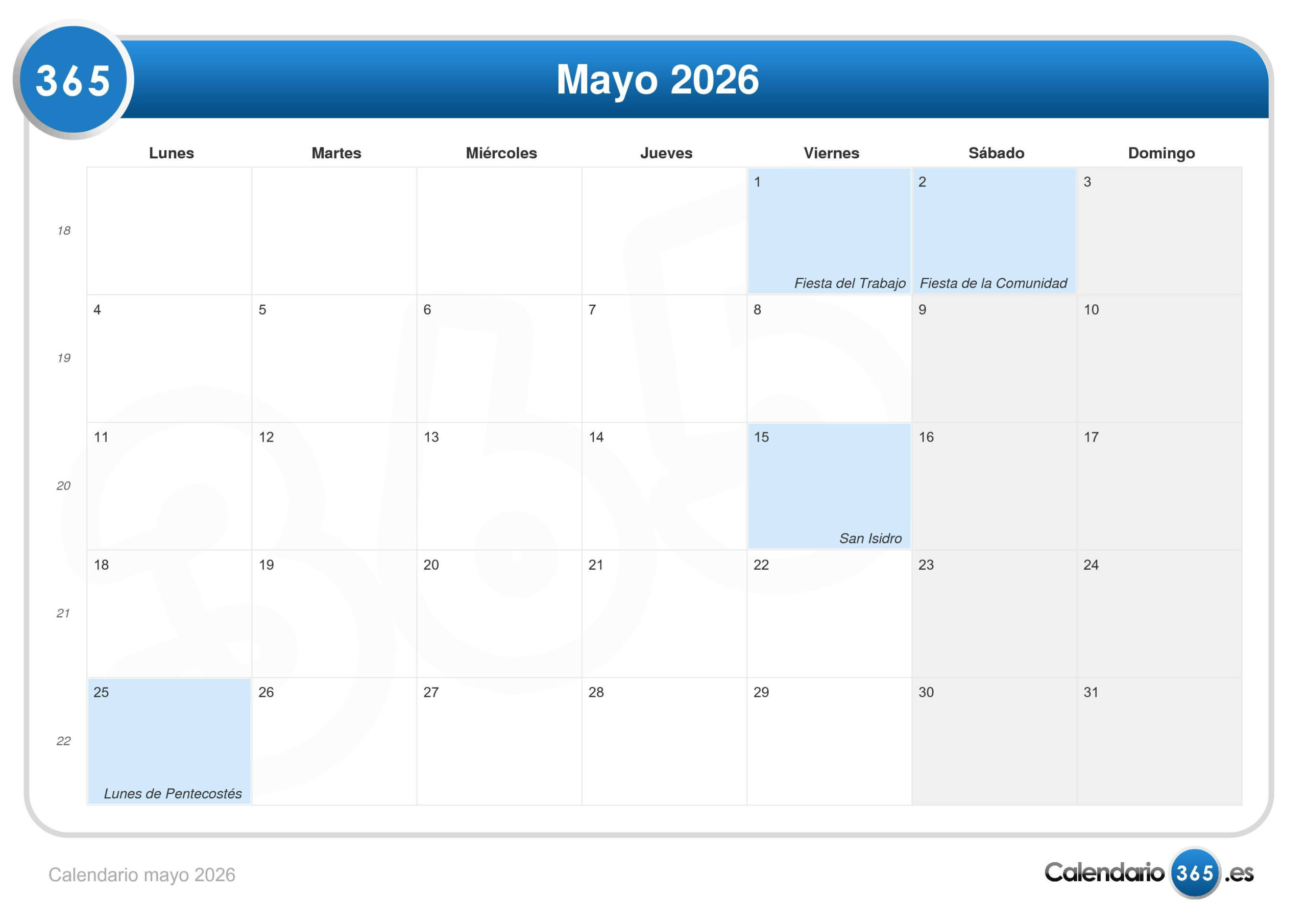 Calendario Mayo 2026 | Calendario de Mayo 2026