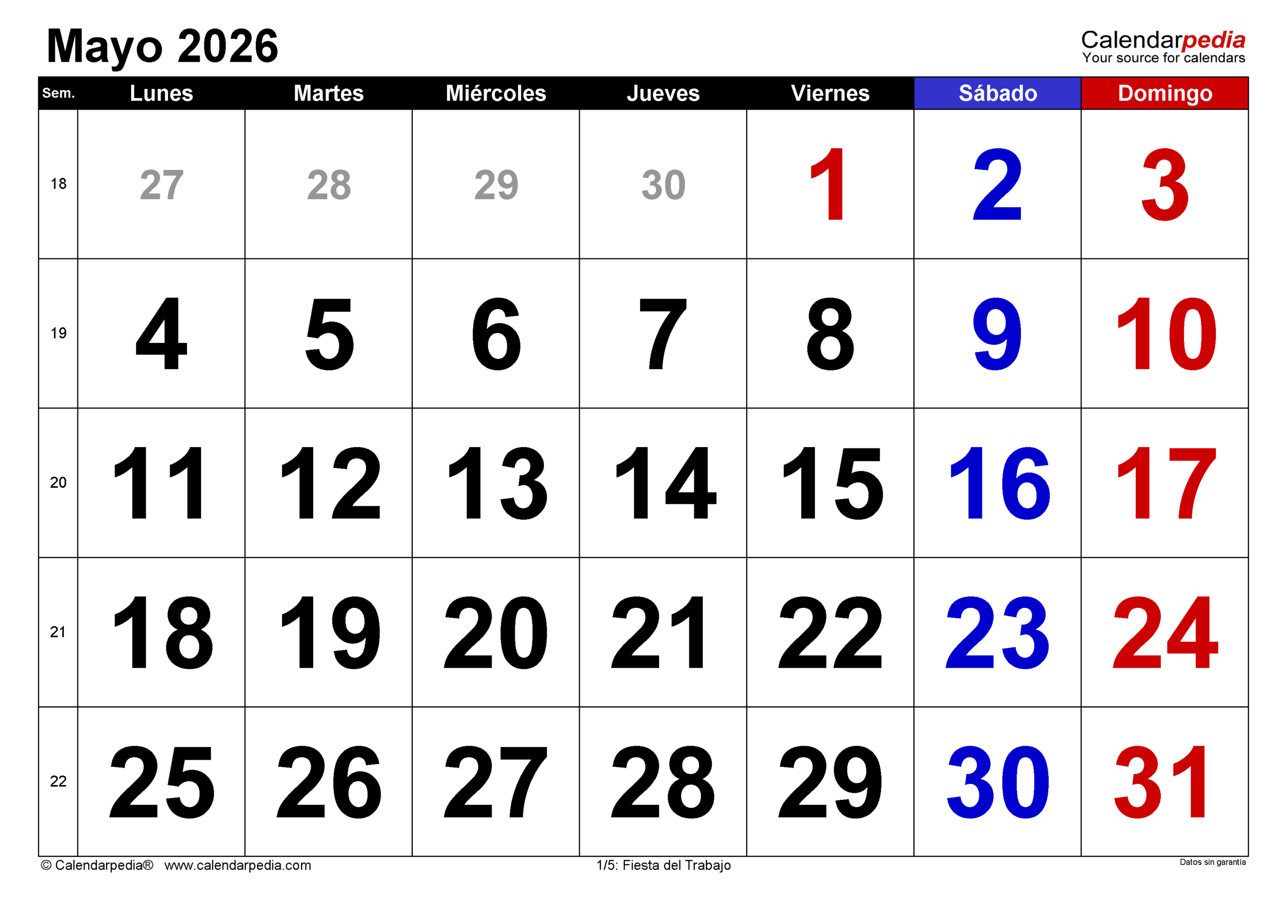 Calendario Mayo 2026 En Pdf, Excel Y Word | Calendarpedia | Calendario De Mayo 2026