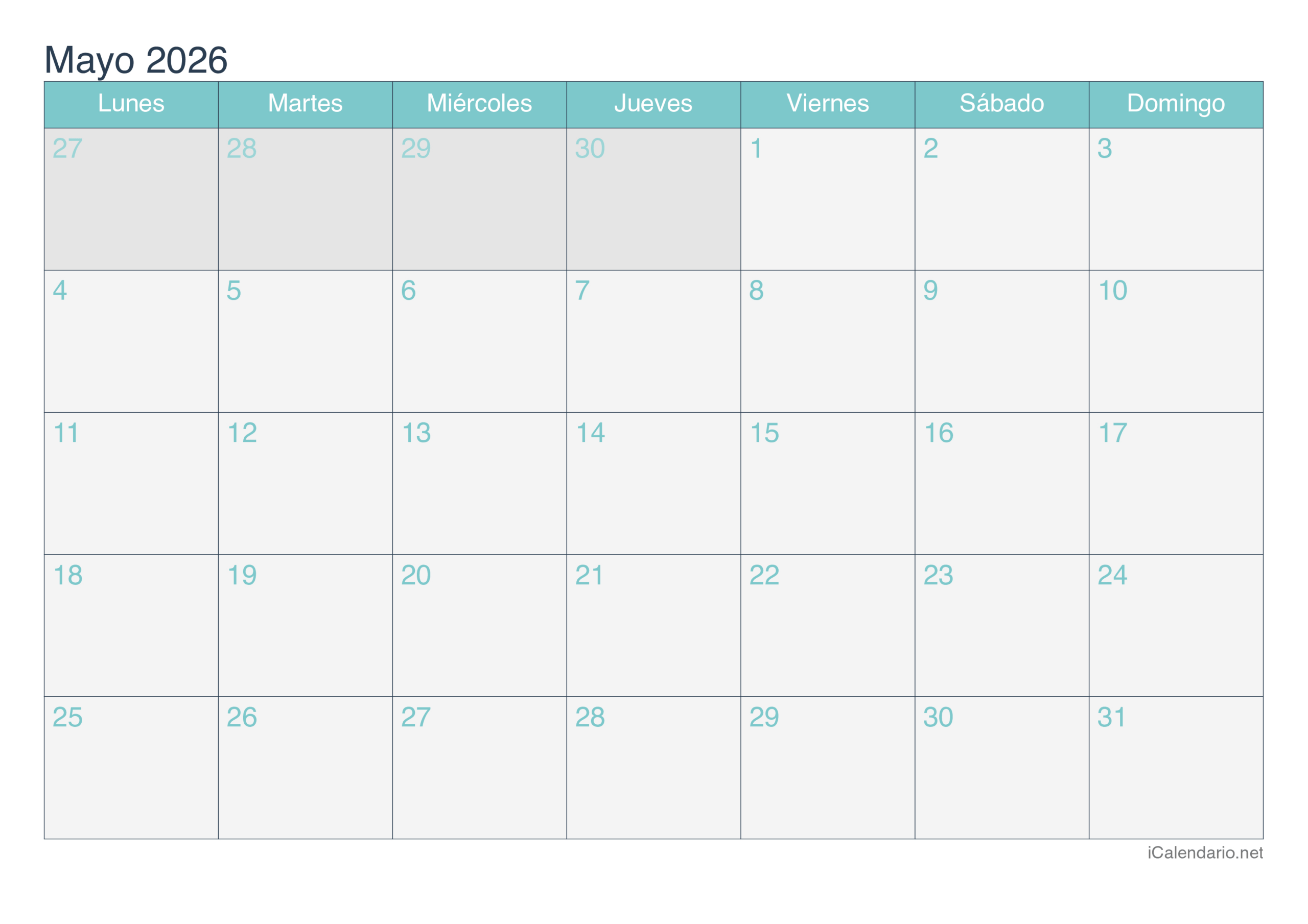 Calendario Mayo De 2026 Para Imprimir | Calendario Mayo 2026 Para Imprimir