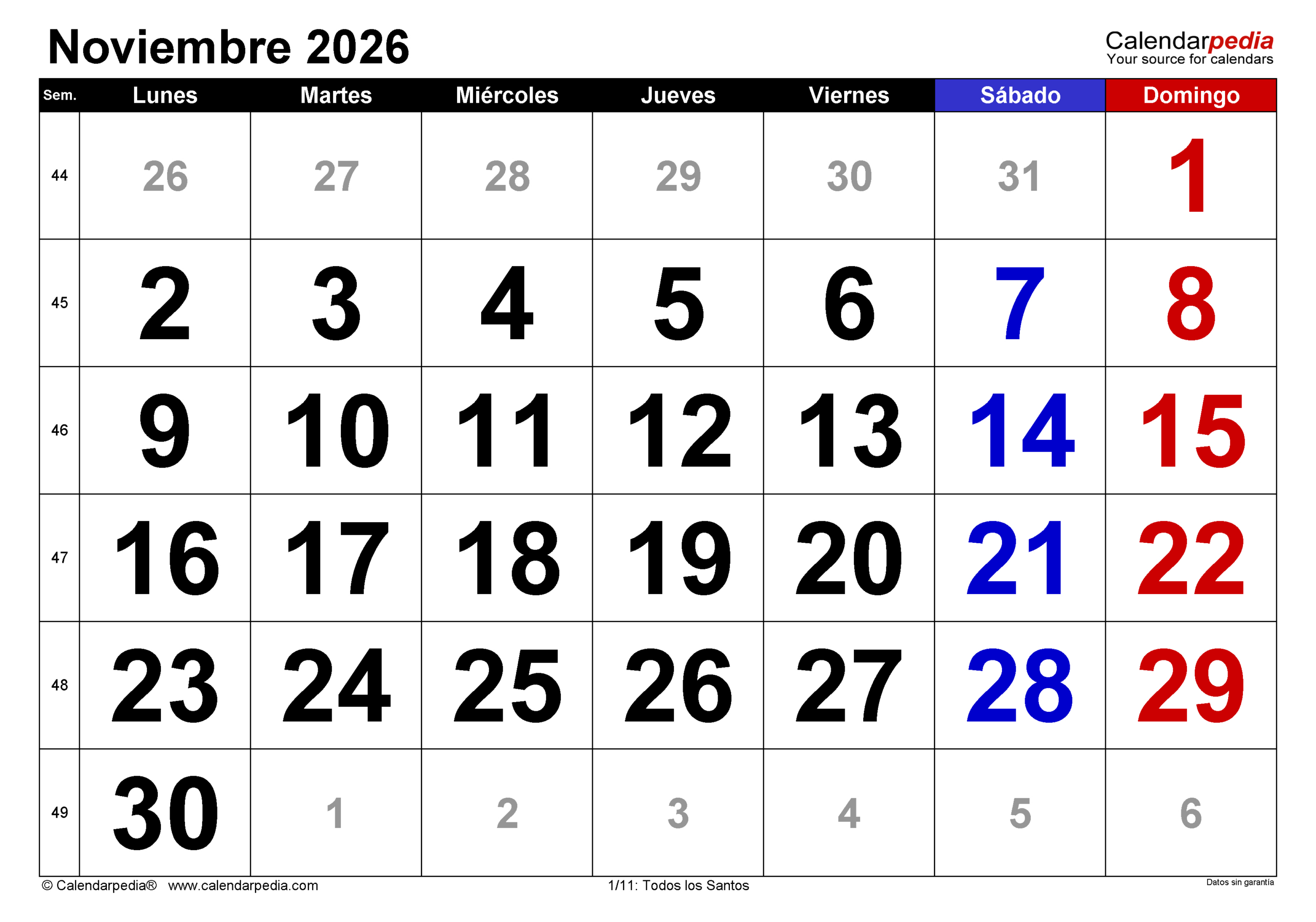 Calendario Noviembre 2026 En Pdf, Excel Y Word | Calendarpedia | Calendario Noviembre 2026 Para Imprimir