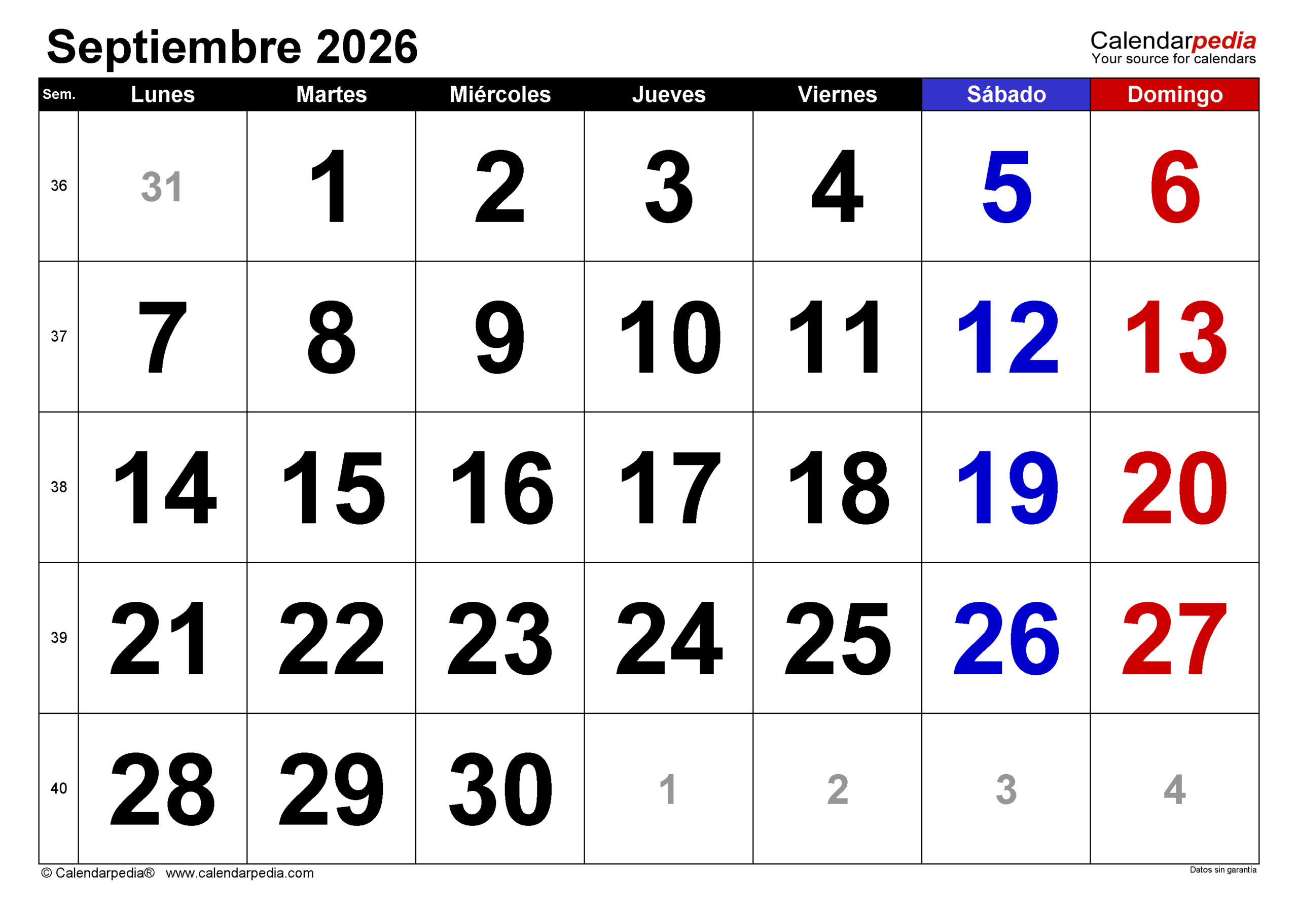 Calendario Septiembre 2026 En Pdf, Excel Y Word | Calendarpedia | Calendario Septiembre 2026 para Imprimir