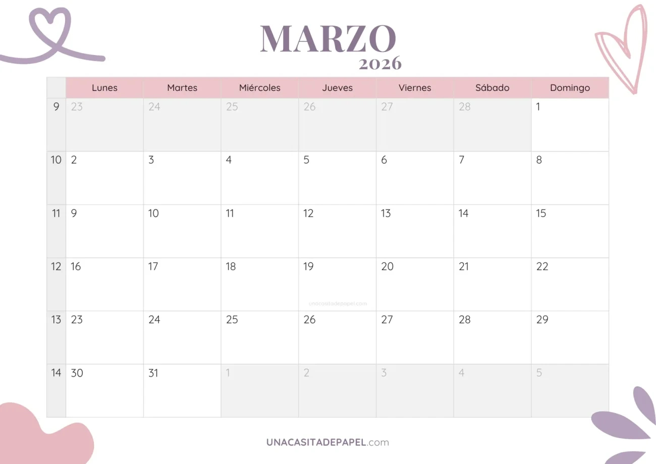 Calendarios 2026 ❤️ Planificadores Para Imprimir – Una Casita De | Calendario Marzo 2026 para Imprimir