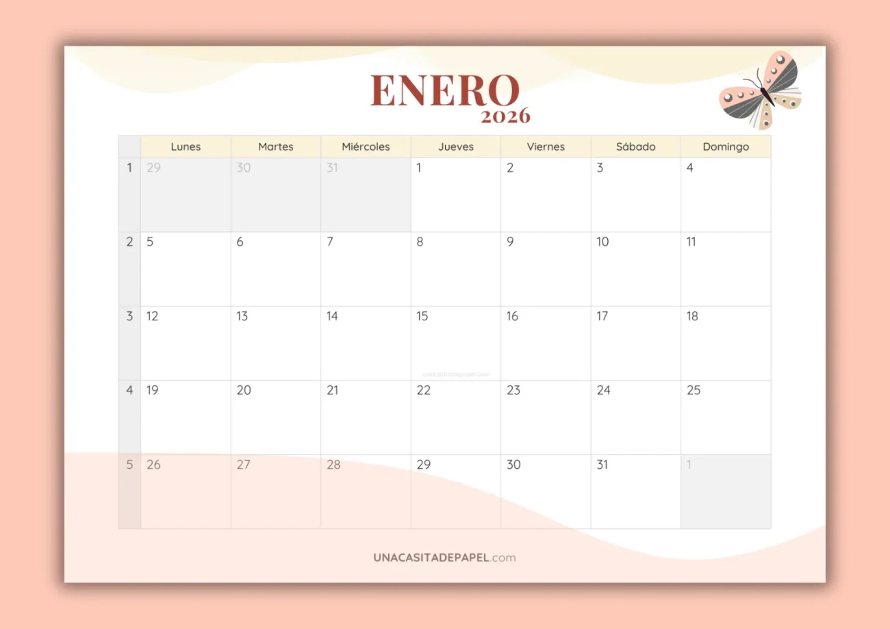 Calendarios ❤️ Para Imprimir | Calendario Enero 2026 Imprimir