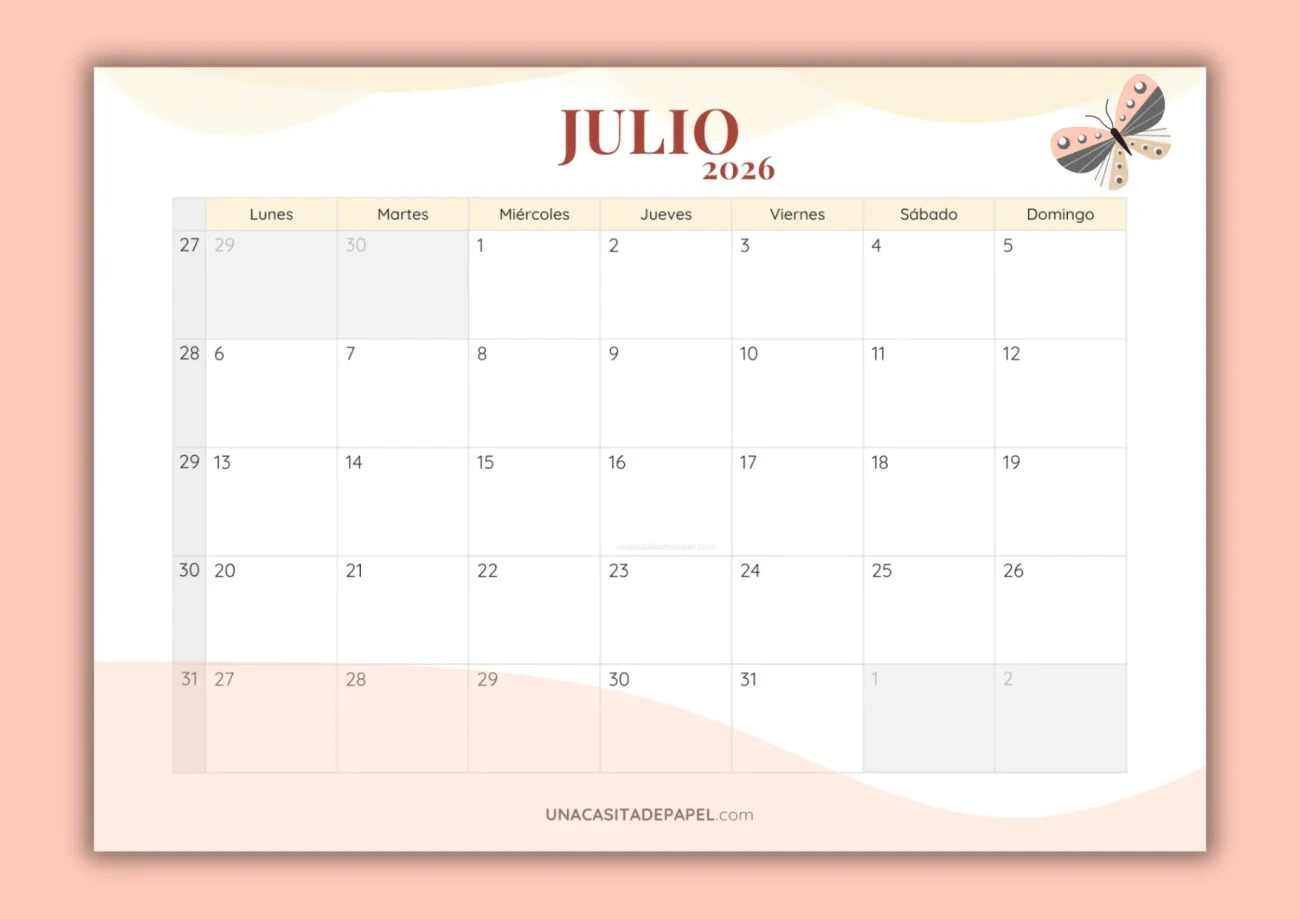 Calendarios ❤️ Para Imprimir | Calendario Julio 2026 Para Imprimir