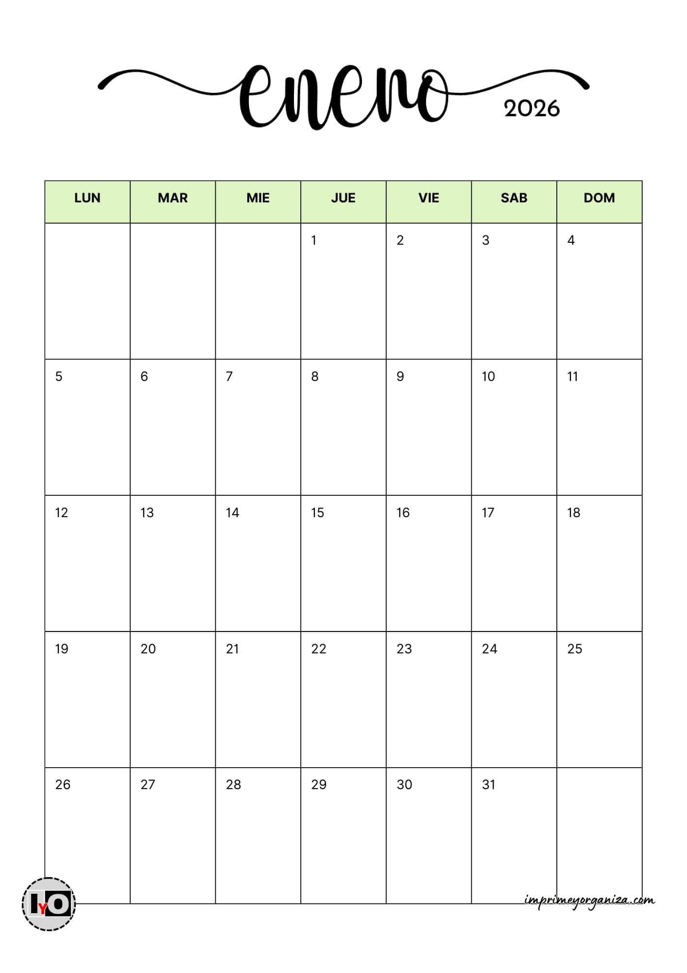 Calendarios Mensuales 2026 Minimalistas En Pdf [Gratis] | Calendario Mensual 2026 para Imprimir