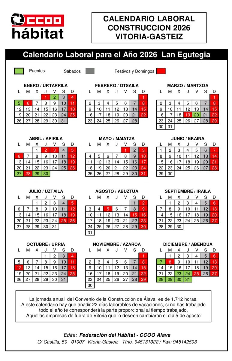 Ccoohabitat_Eu Ha Firmado El Calendario Laboral De La Construcción | Calendario Laboral 2026 Vitoria