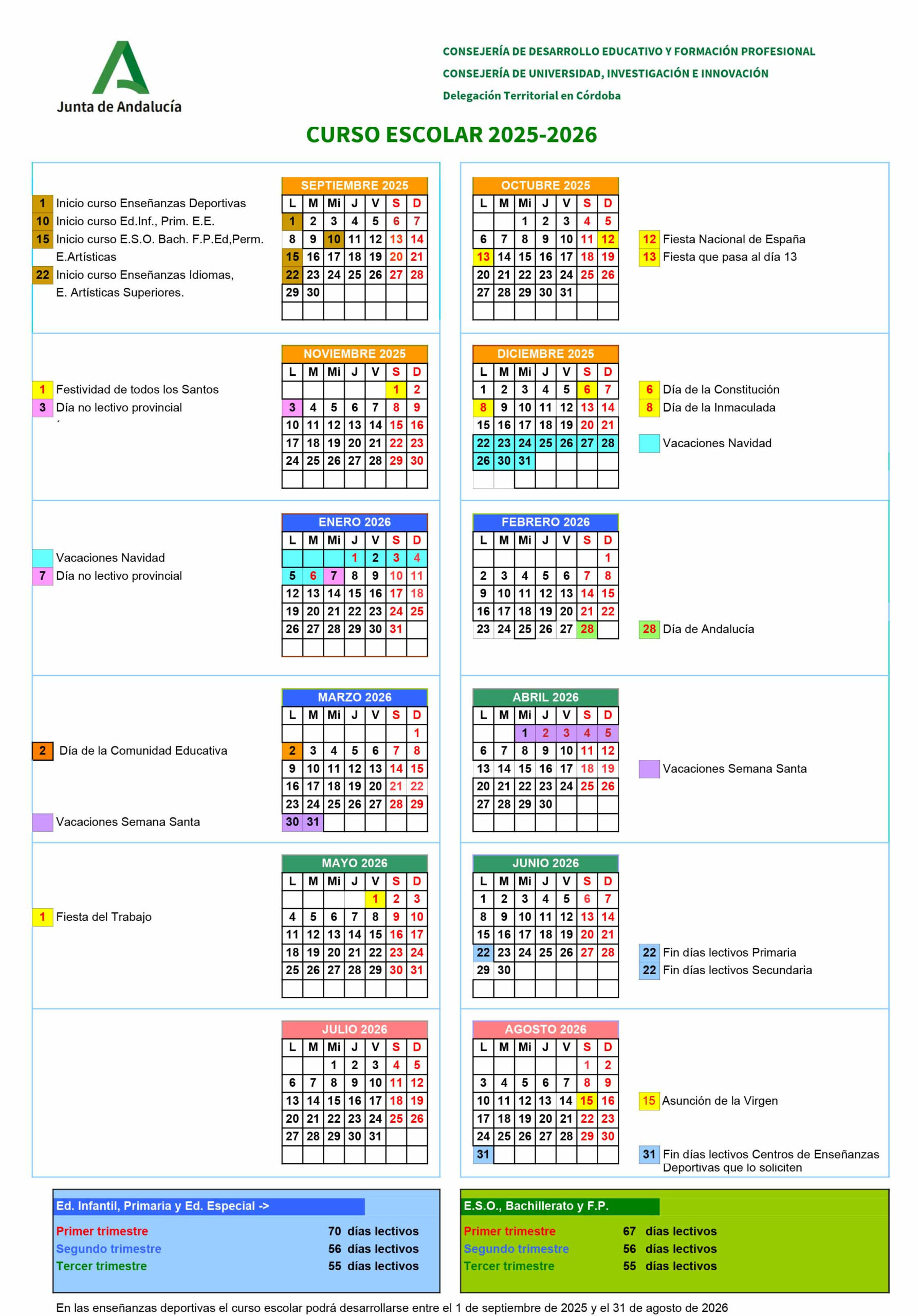 Córdoba: Calendario Escolar Provincial Para El Curso 2025/2026 | Calendario Escolar 2026 Andalucía