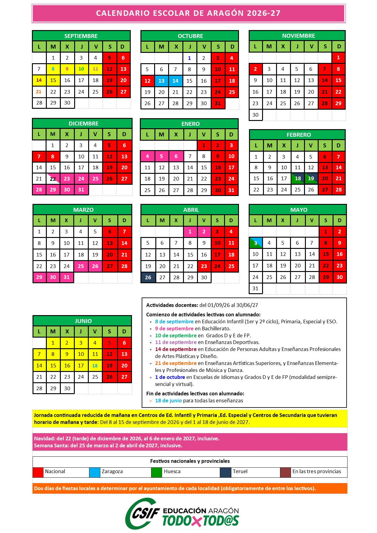Csif | Calendario Escolar Cursos 25-26 Y 26-27 | Calendario Escolar 2026 Aragón