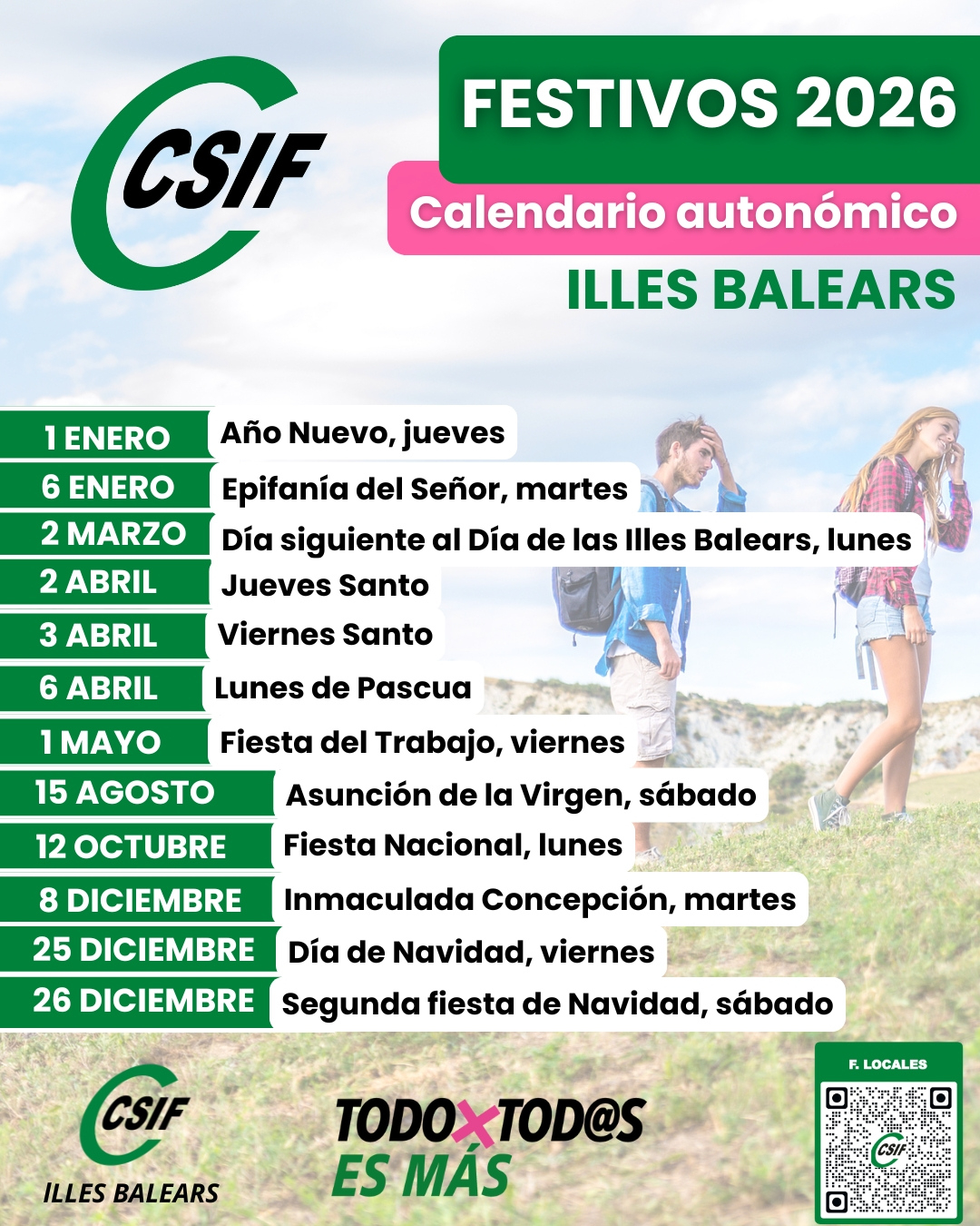 Csif | Calendario Festivos 2026 | Calendario Laboral 2026 Mallorca