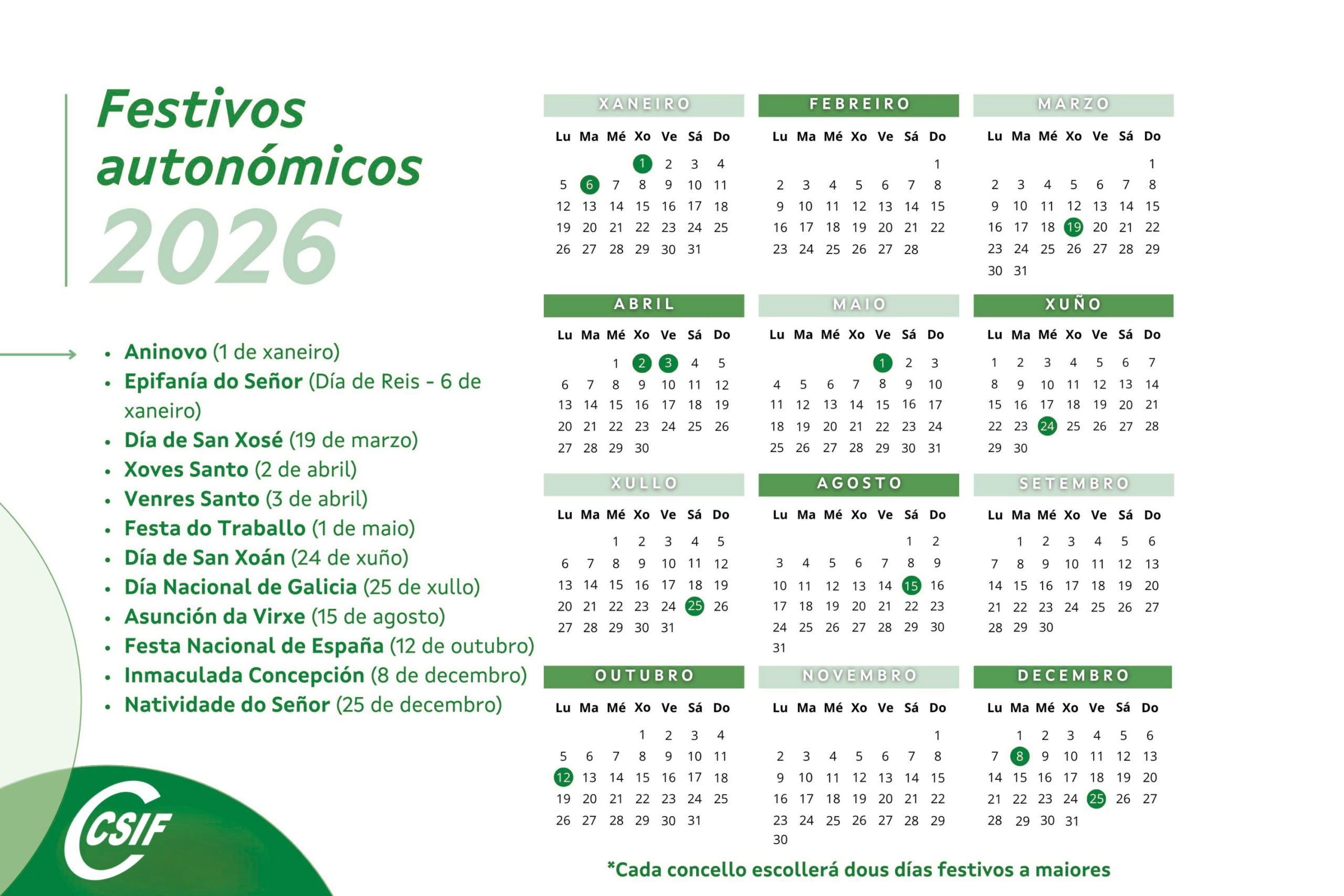Csif | Calendario Laboral 2026 Galicia | Calendario Laboral 2026 Pontevedra