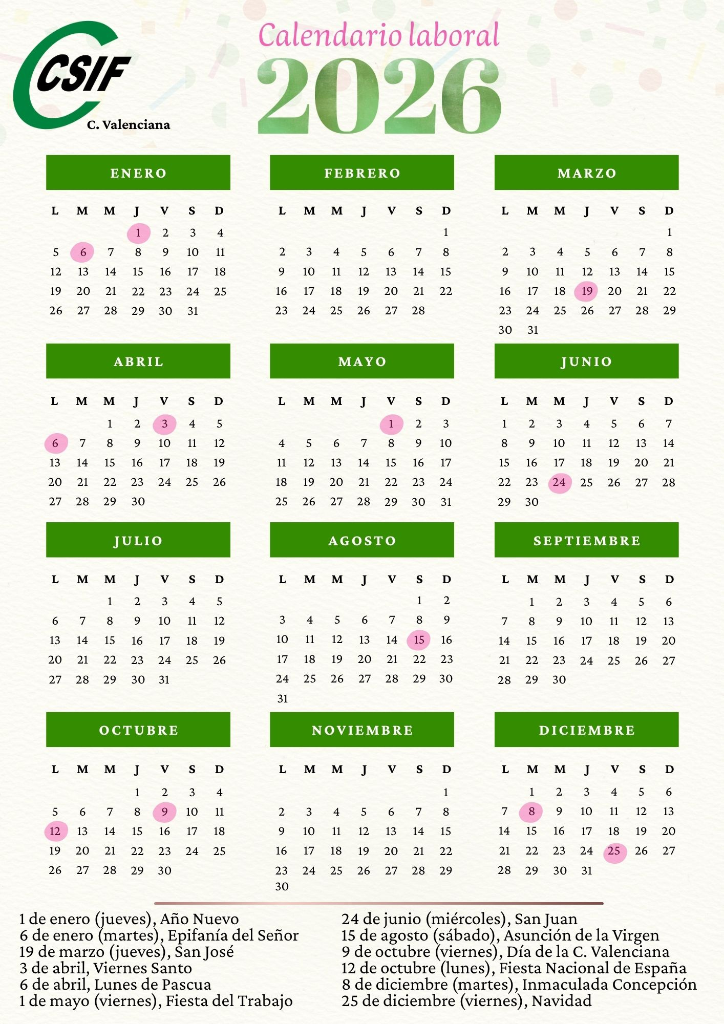 Csif Justicia Valencia: Aprobado El Calendario Laboral 2026 | Calendario Comunidad Valenciana 2026