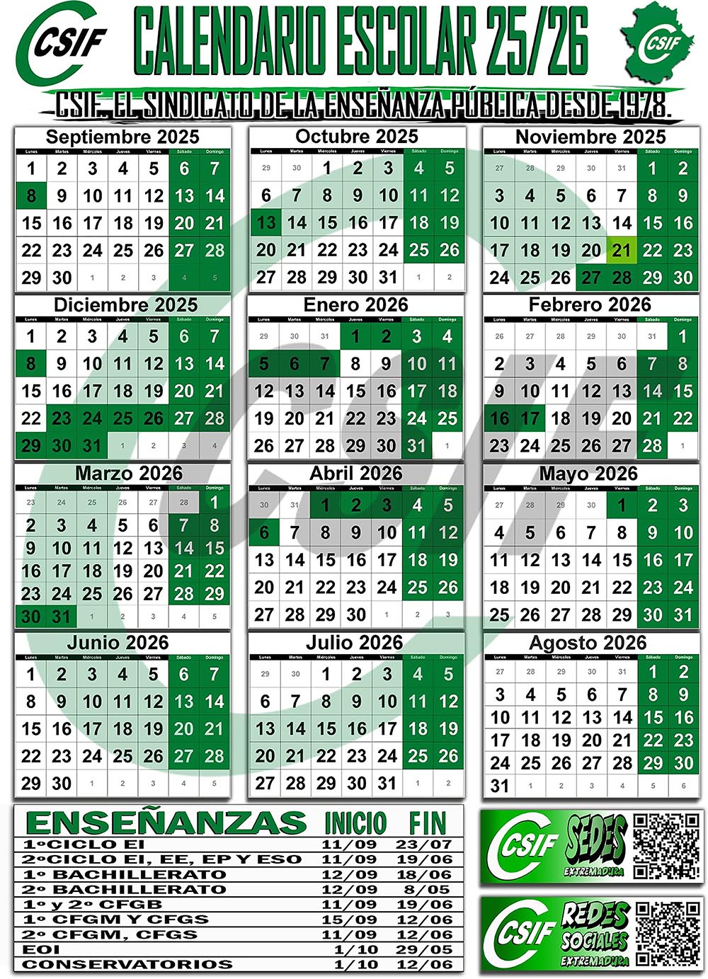 Csif | Se Aprueba El Calendario Escolar Para El Curso 2025/2026. | Calendario Escolar 2026 Extremadura