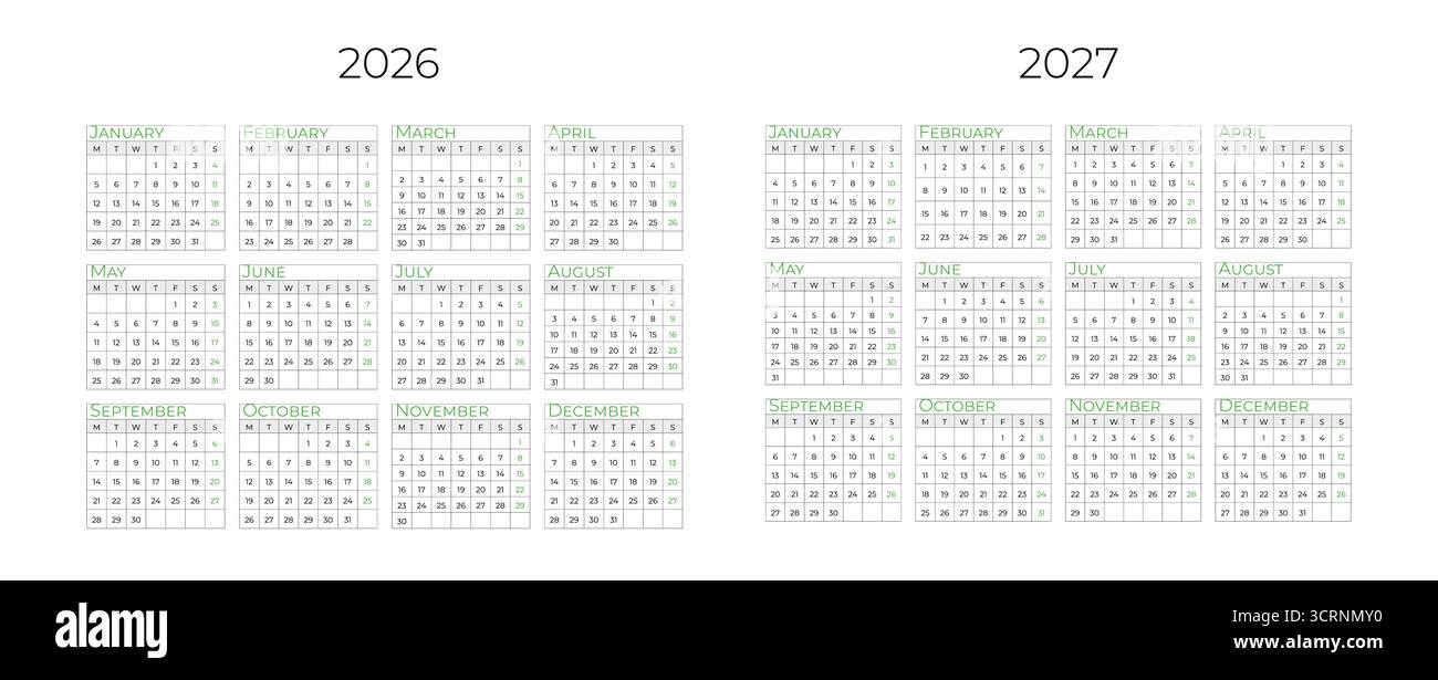 Der Kalender Für Das Jahr 2026 Und 2027 Beginnt Am Sonntag Stock | Calendario 2026 Y 2027
