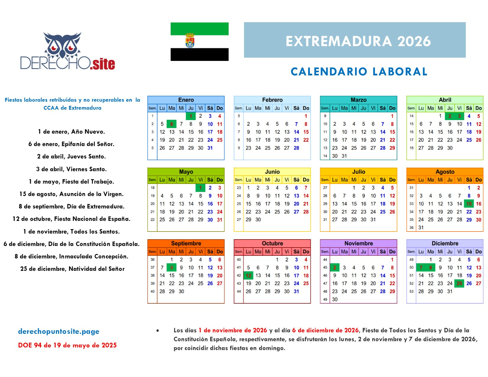 Derechopuntosite: Calendario Laboral Extremadura 2026 | Calendario Laboral 2026 Extremadura