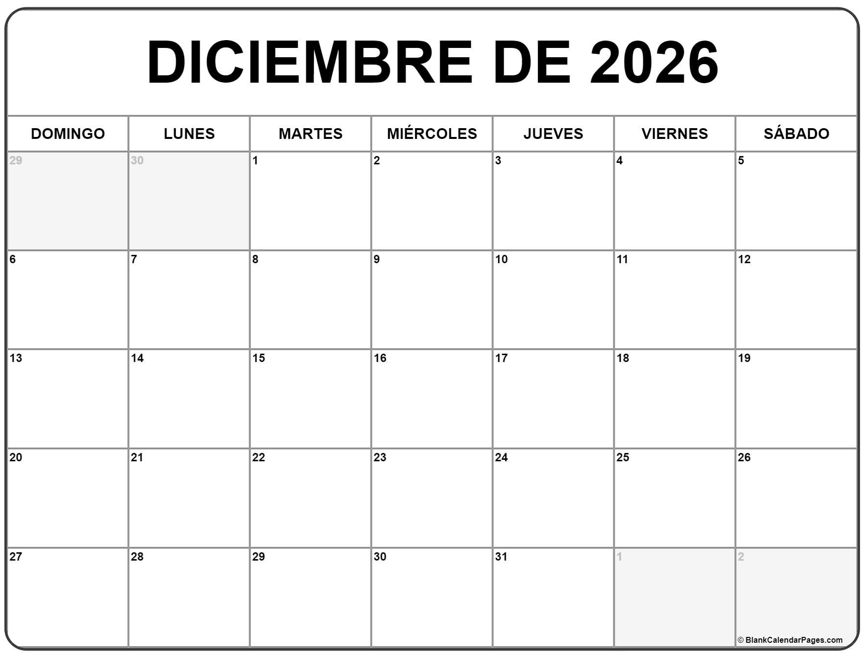 Diciembre De 2026 Calendario Gratis | Calendario Diciembre | Calendario Diciembre 2026 Para Imprimir