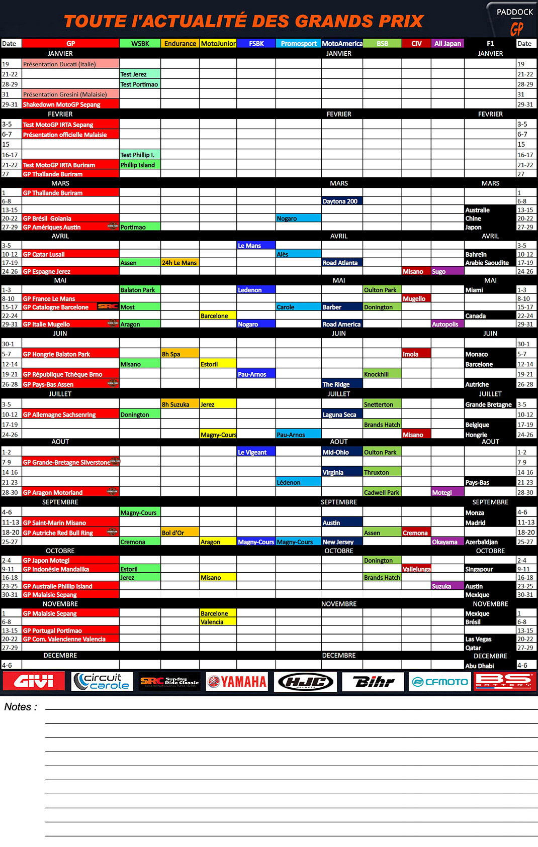 Druckbarer Kalender 2026: Motogp, Superbike, Langstreckenrennen | MotoGP 2026 Calendario