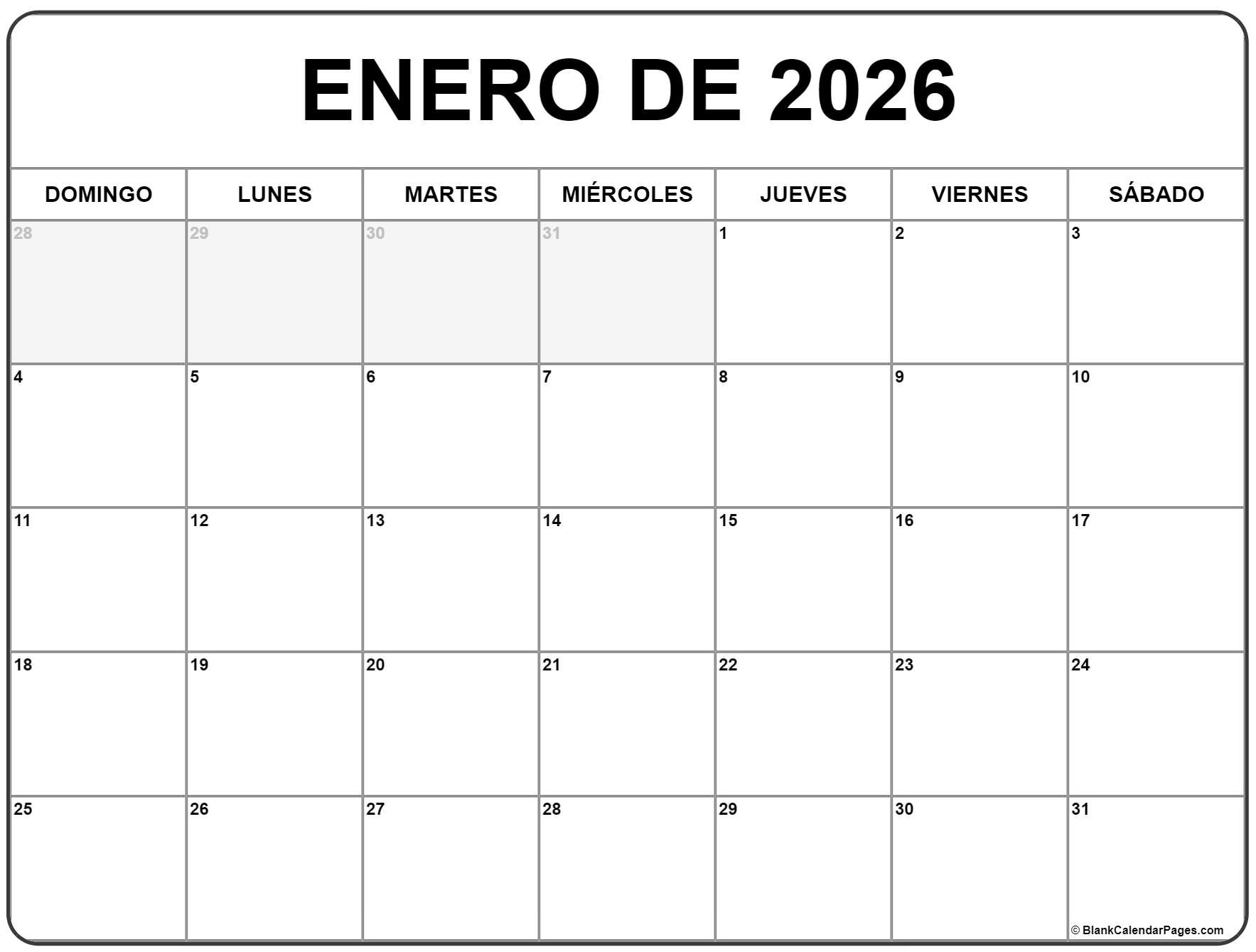 Enero De 2026 Calendario Gratis | Calendario Enero | Calendario 2026 para Imprimir