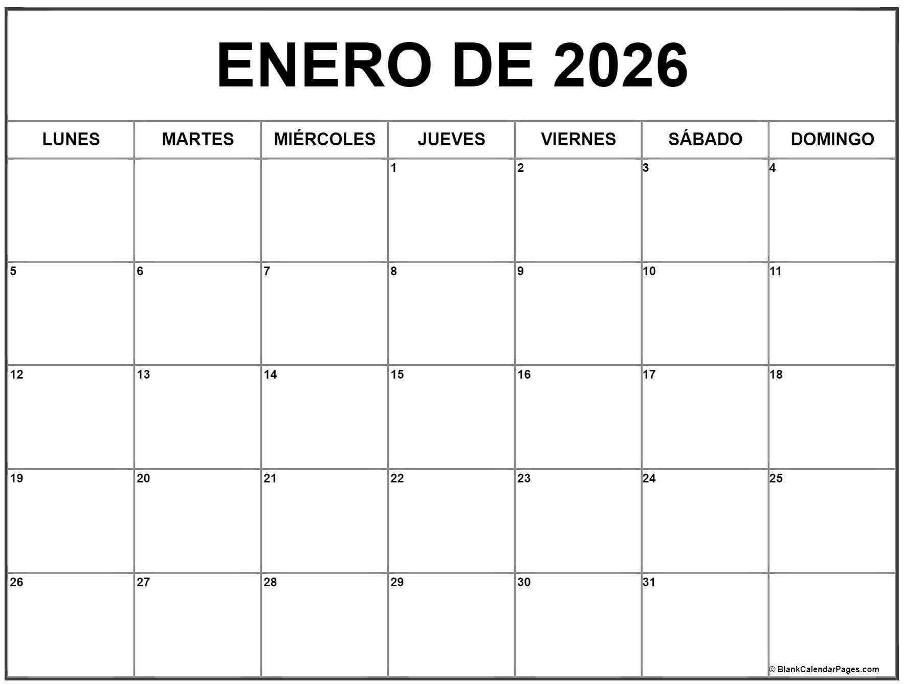 Enero De 2026 Calendario Gratis | Calendario Enero | Calendario Año 2026 para Imprimir