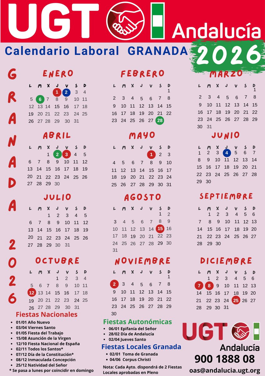 📢 Calendario De Fiestas Laborales 2026 De #Granada ‼️ Con Ugt | Calendario Laboral 2026 Granada