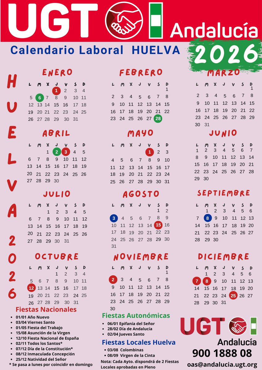 📢 Calendario De Fiestas Laborales 2026 En Huelva ‼️ Con Ugt | Calendario Laboral 2026 Huelva