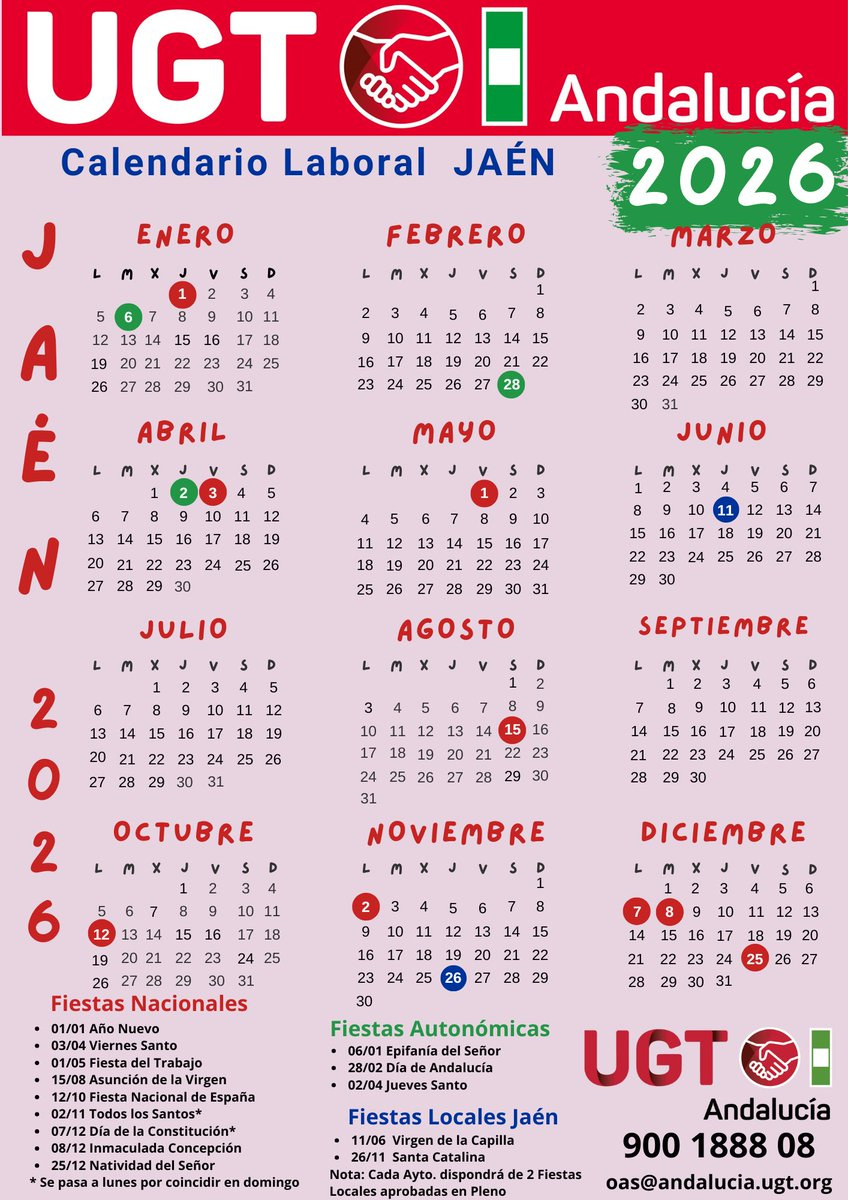 📢 Calendario De Fiestas Laborales 2026 En Jaén ‼️ Con Ugt, Ganas | Calendario Laboral 2026 Jaén