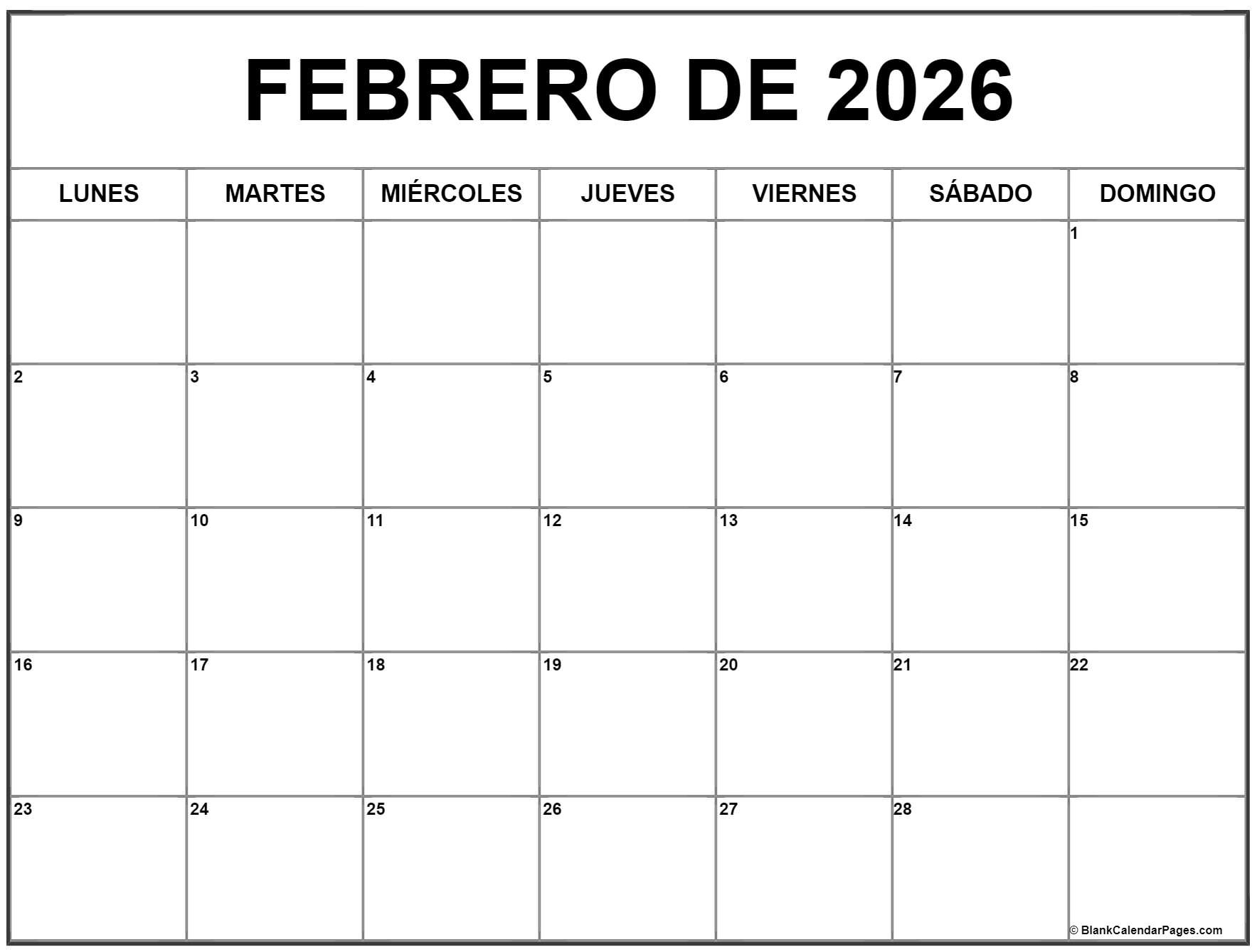 Febrero De 2026 Calendario Gratis | Calendario Febrero | Calendario De Febrero 2026