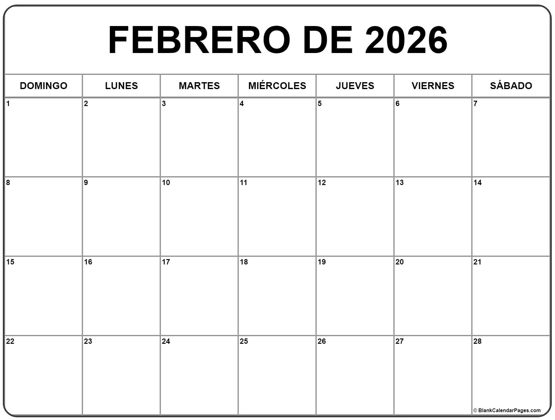 Febrero De 2026 Calendario Gratis | Calendario Febrero | Calendario Febrero 2026 para Imprimir