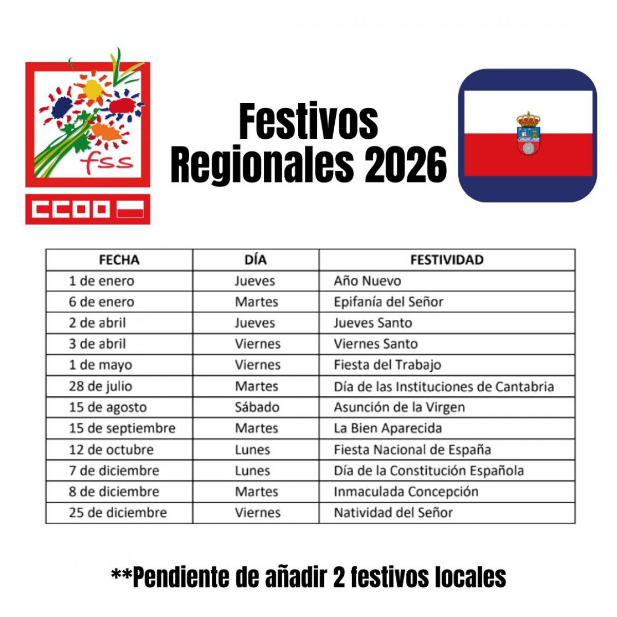 Federación De Sanidad Y Sectores Sociosanitarios De Ccoo Cantabria | Calendario Laboral 2026 Cantabria