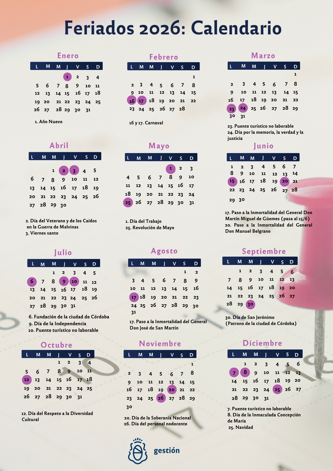 Feriados 2026 | Universidad Nacional De Córdoba | Calendario 2026 Argentina con Feriados