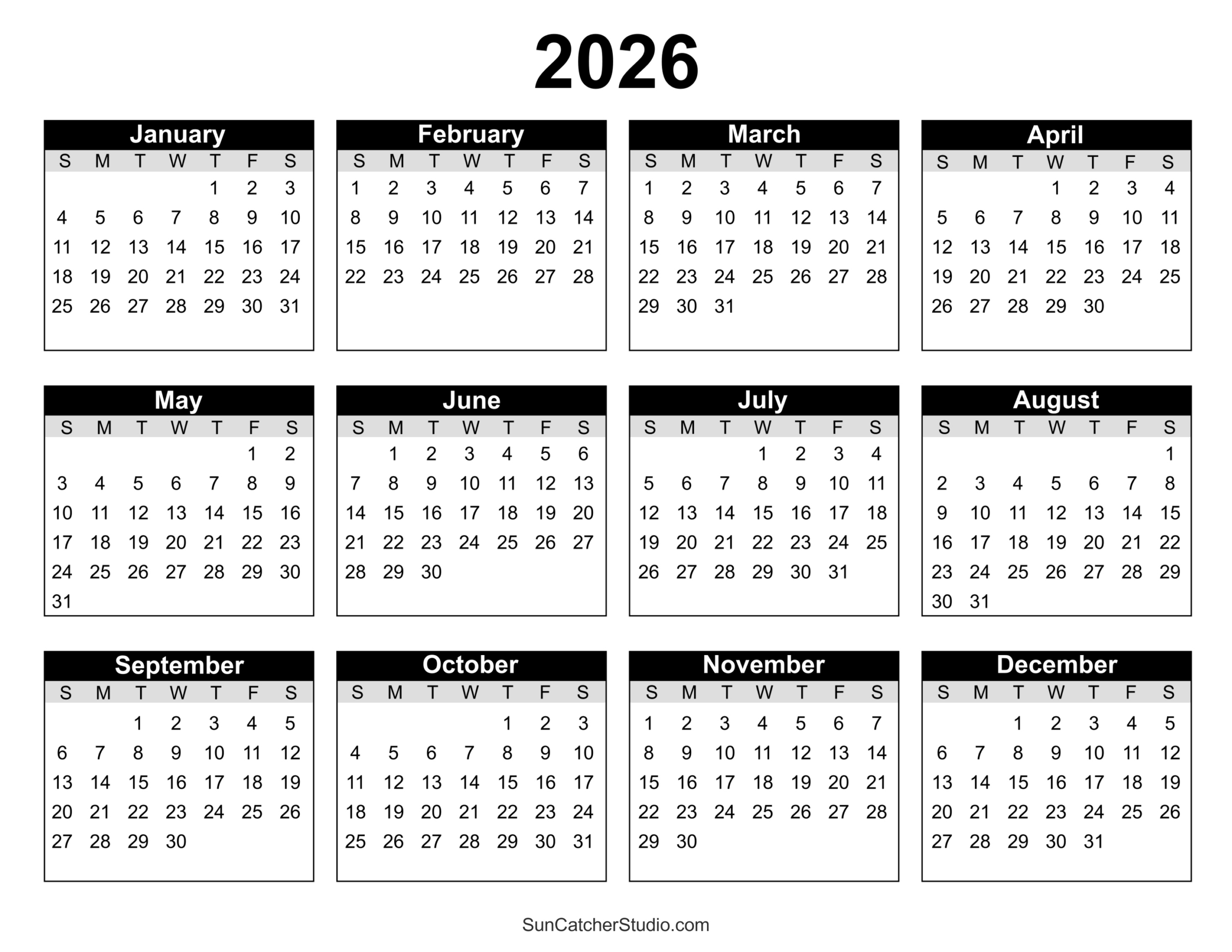 Free Printable 2026 Yearly Calendar – Free Printables, Lettering | Calendario Total 2026