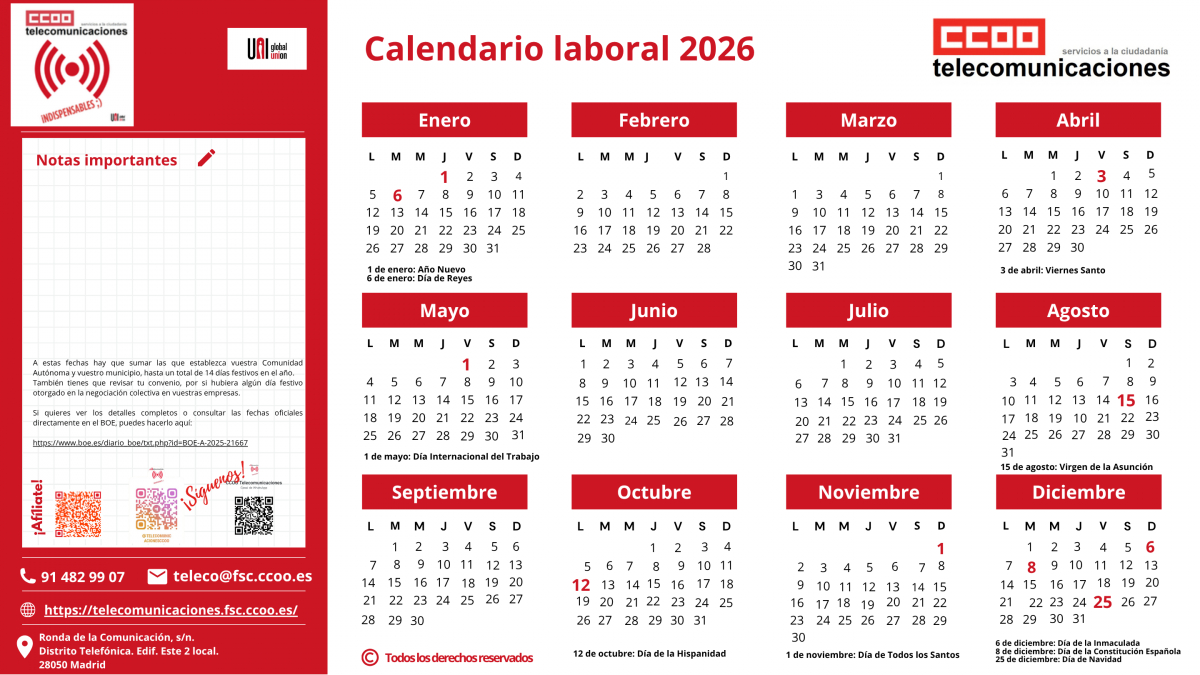 Fsc-Ccoo Telecomunicaciones | Calendario Construcción 2026 Madrid