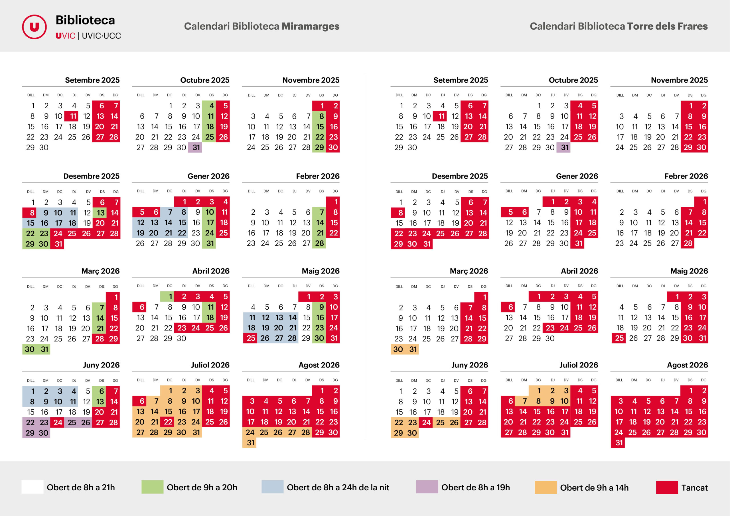 Horaris Biblioteca De La Uvic-Ucc - Curs 2025/2026 | Uvic | Calendari Laboral Vic 2026