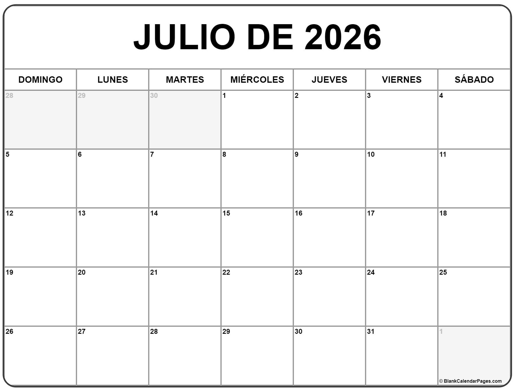 Julio De 2026 Calendario Gratis | Calendario Julio | Calendario Julio 2026 Para Imprimir