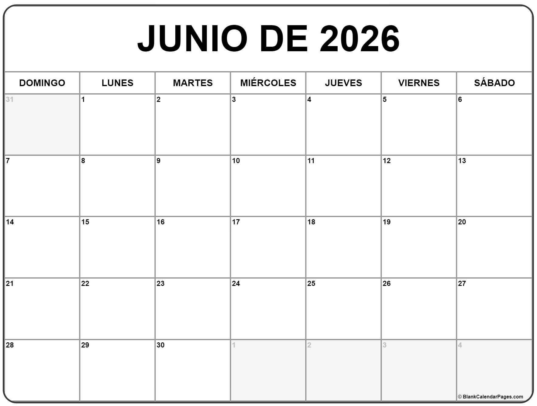 Junio De 2026 Calendario Gratis | Calendario Junio | Calendario De Junio 2026