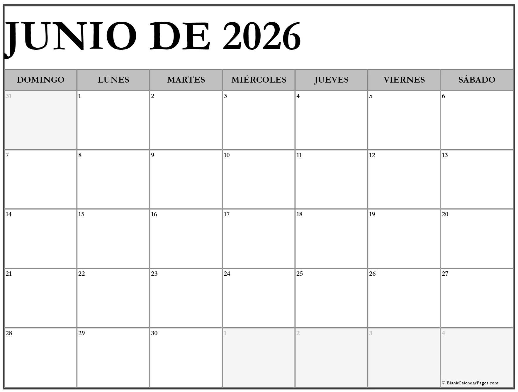 Junio De 2026 Calendario Gratis | Calendario Junio | Calendario Junio 2026 para Imprimir