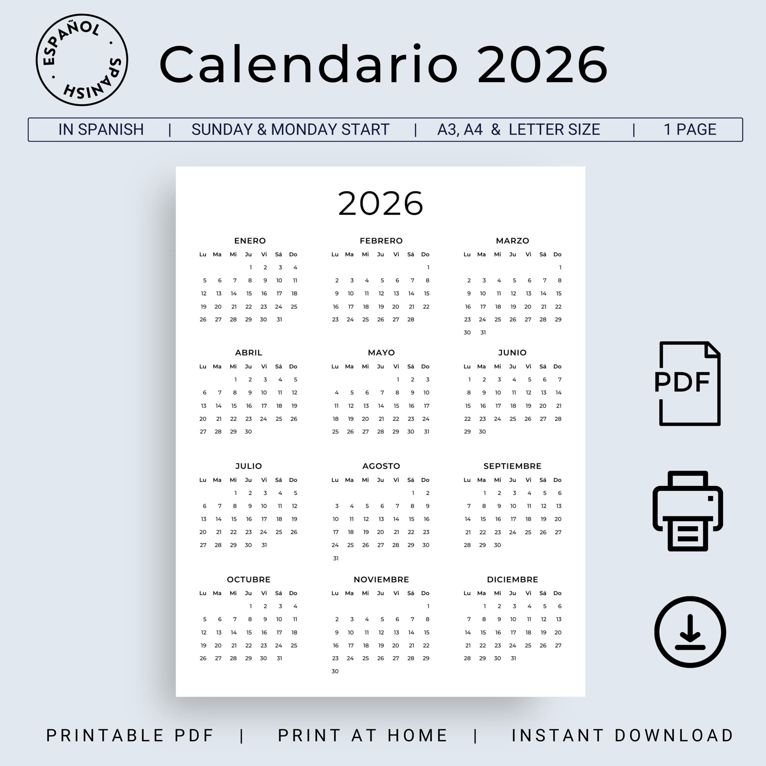 Kalendario 2026 Kalendario En Español 2026 Kalendario Imprimibler | Calendario Del 2026 En Español