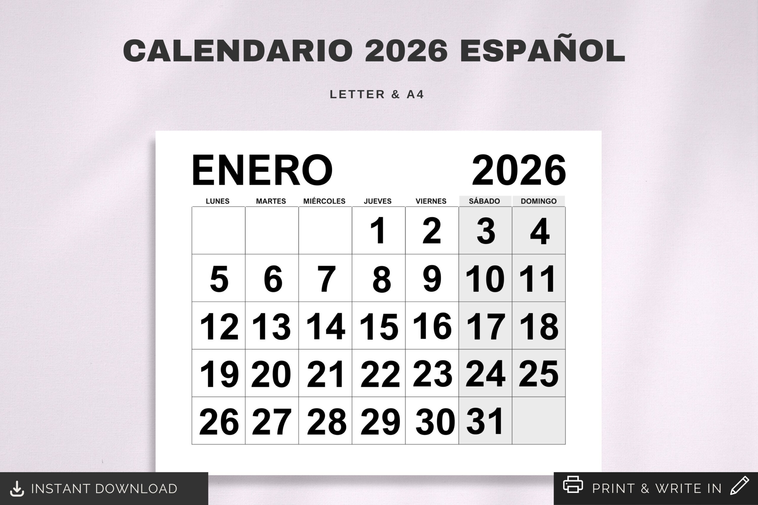 Kalender 2026 In Español | Druckbarer Kalender 2026 Spanisch | Calendario del 2026 en Español