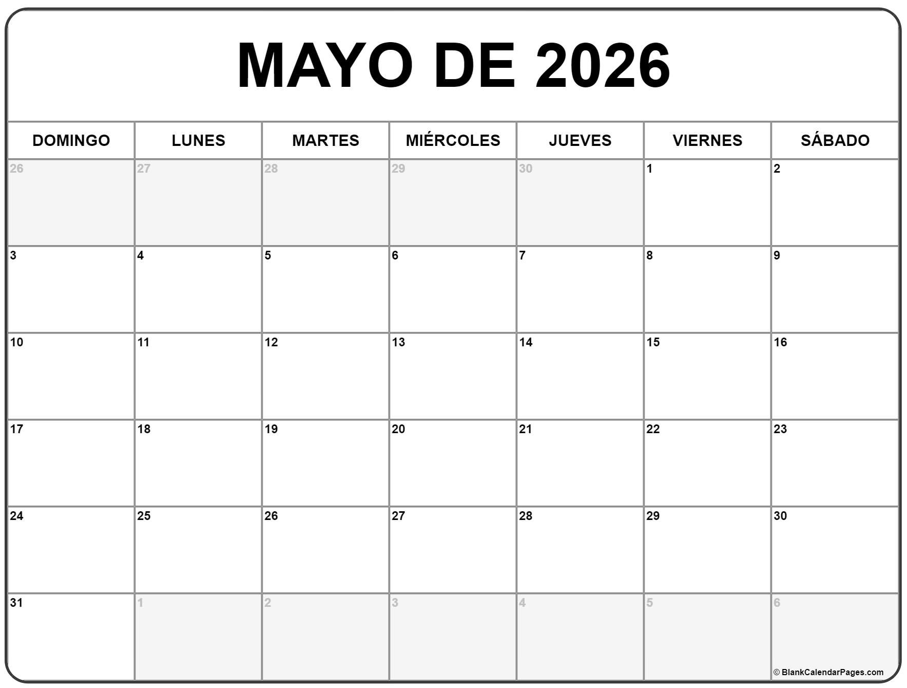 Mayo De 2026 Calendario Gratis | Calendario Mayo | Calendario de Mayo 2026