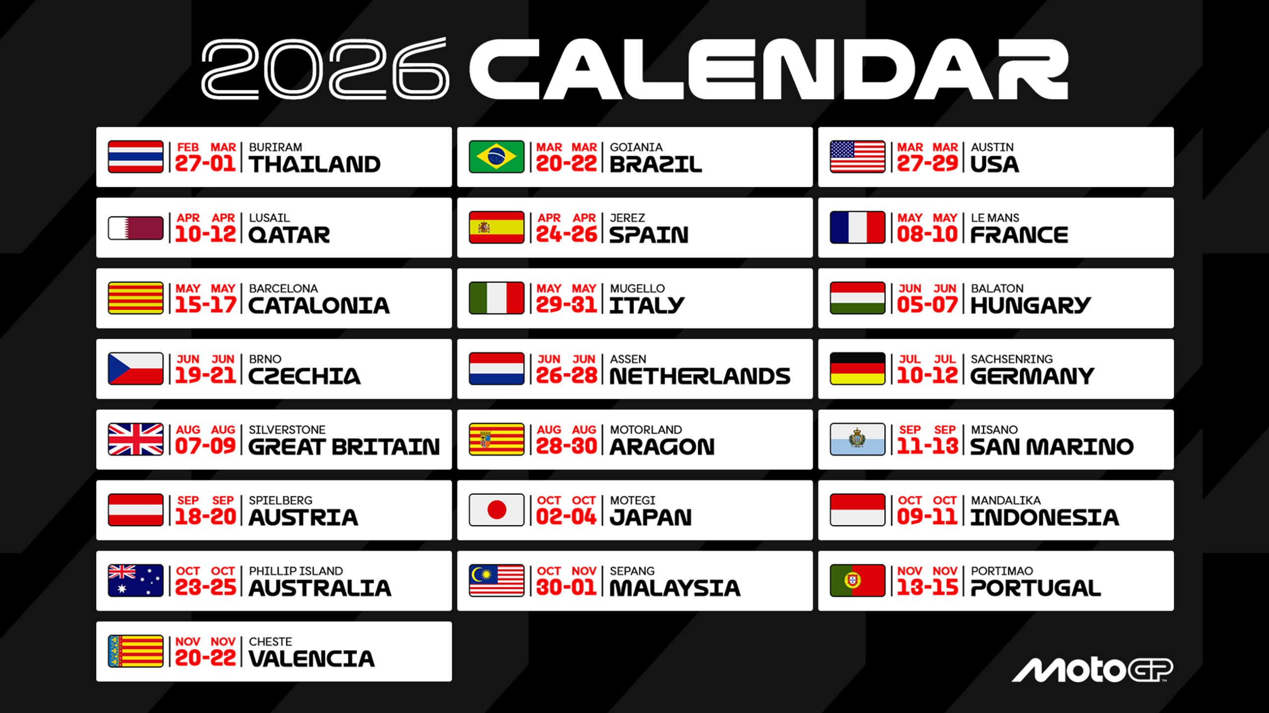 Motogp 2026 Calendar Revealed: 22 Rounds, Brazil&amp;#039;S Back &amp;amp; Fresh | Calendario Motogp 2026