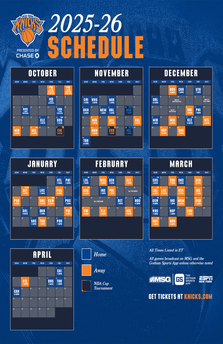 New York Knicks 2025-2026 Full Schedule Poster 11 X 17 Inches Ny | Calendario New York Knicks 2026