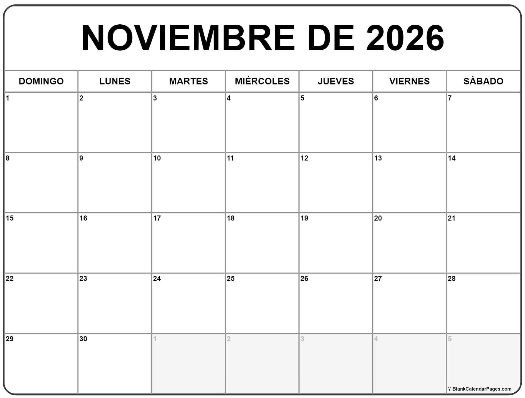 Noviembre De 2026 Calendario Gratis | Calendario Noviembre | Calendario Noviembre 2026 para Imprimir