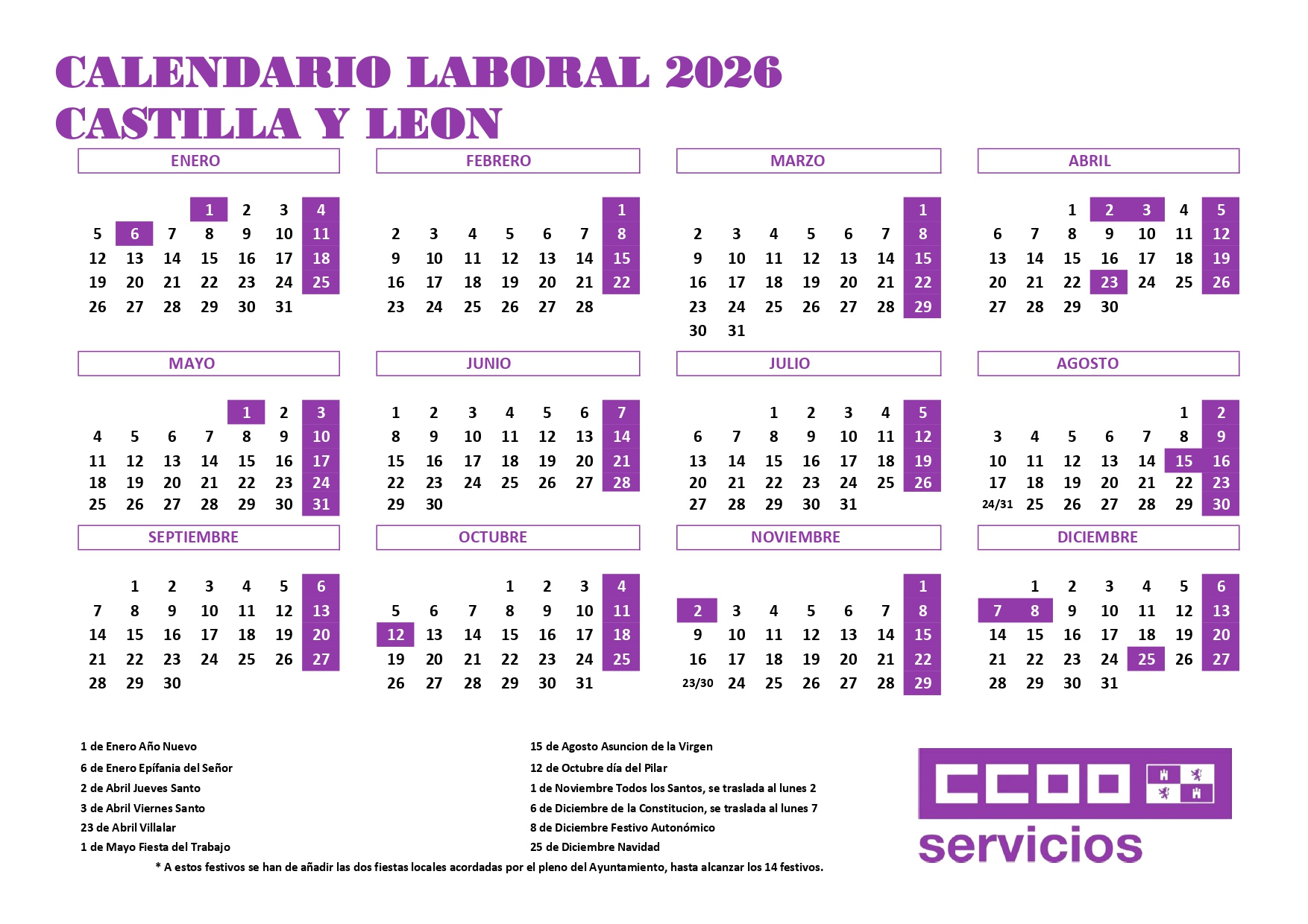 Publicado El Calendario Laboral De 2026 En Castilla Y León | Calendario Laboral 2026 León